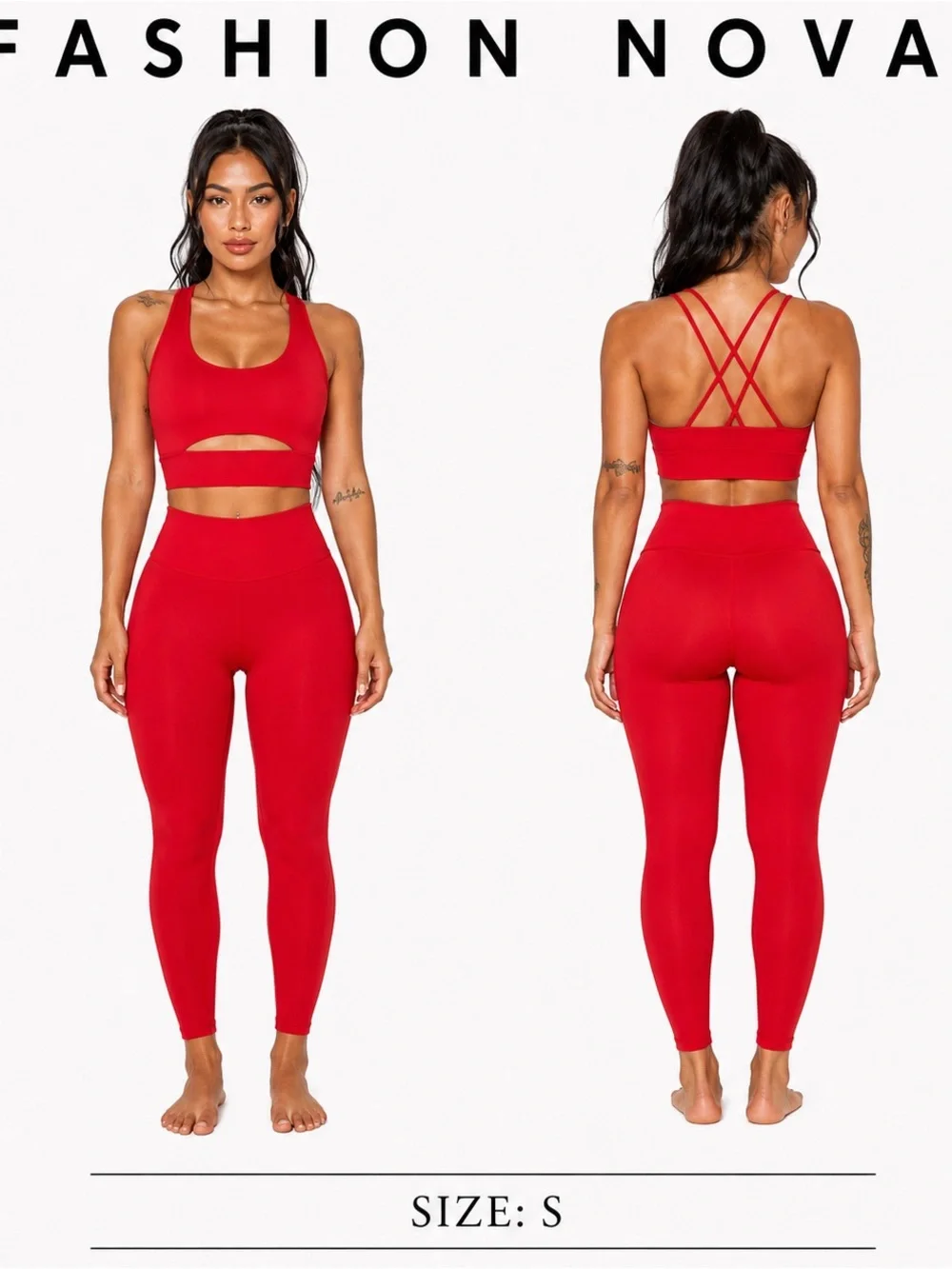 NWOT Fashion Nova Red Strappy Cutout Sports Bra & High-Waist Leggings Set Size S